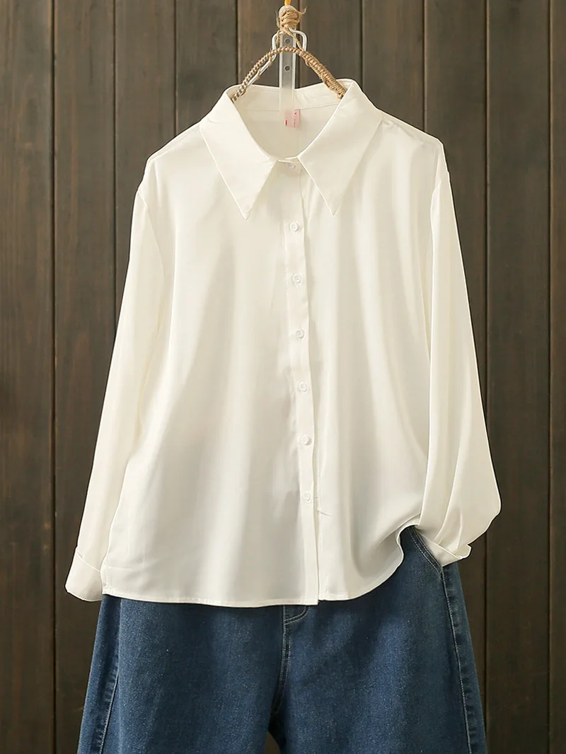 

Spring Summer plus Size 200 Pounds Girl Style Turn-down Collar Long Sleeve Shirt Slimming Versatile Acetate Simulation Shirt ...