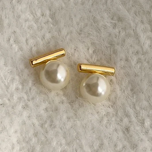 

Real 925 Sterling Silver Pearl Bead Geometric Stud Earrings for Women Korean Version Fine Jewelry Minimalist Trendy Accessories