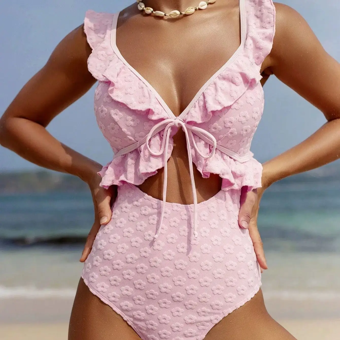 

DEKA Girl Светло-розовый цельный купальник для женщин с высокой талией и рюшами на подтяжках Монокини с открытой спиной Бикини Пляжный купальник