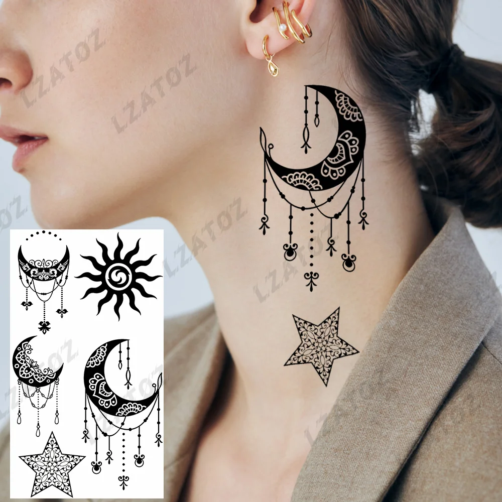 Black Moon Sun Star Temporary Tattoos For Woman Adults Realistic Lotus Elephant Fake Tattoo Sticker Sexy Henna Body Art Tatoos