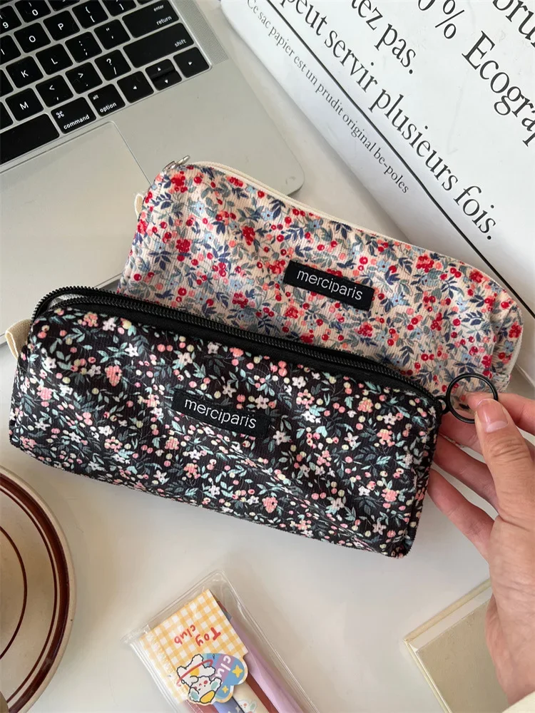 1 Piece Aesthetic Floral Pencil Case for Kid Girl Vintage Boho Flower Pencil Pouch Corduroy Durable High Capacity Stationery Bag