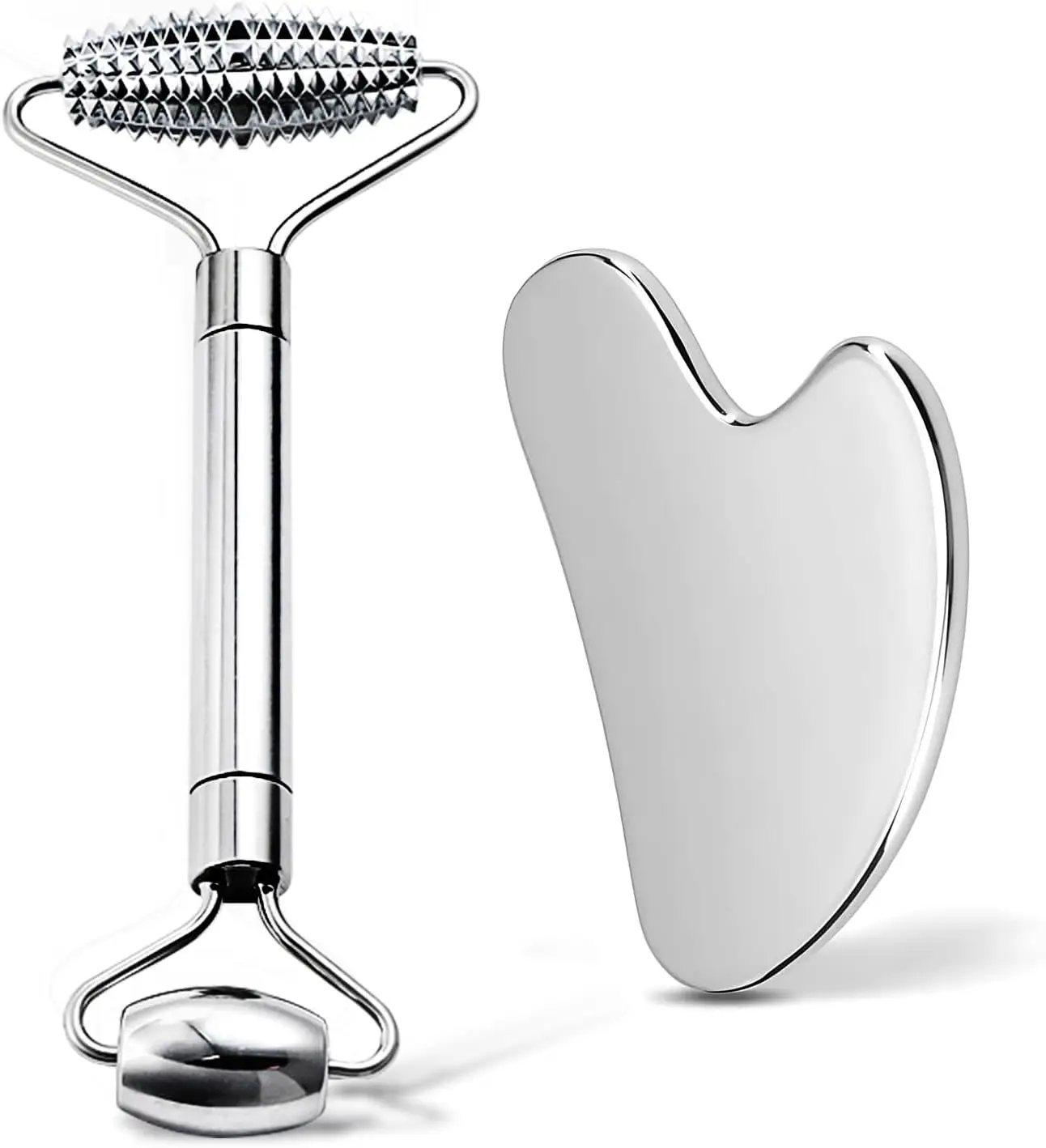 

Stainless Steel Gua Sha & Face Roller Set for Face, Eyes, Chin & Jawline Sculpting with Pouch