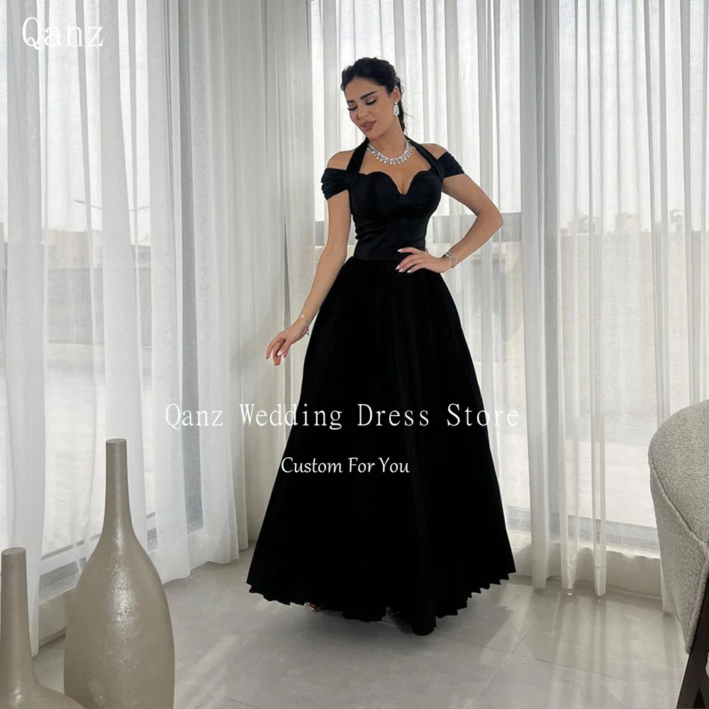 

Qanz Elegant Evening Dresses for Women Luxury Halter Neck Black Satin Formal Occasion Dresses Floor Length Abendkleider Dubai