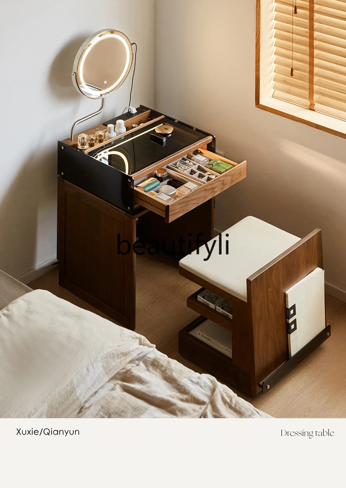 

Solid wood dresser chest integrated bedroom black walnut small apartment bedside storage cabinet makeup table8076