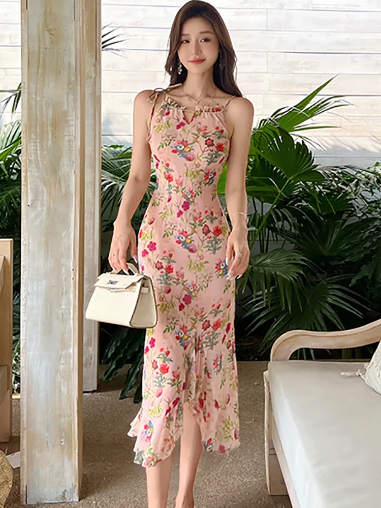 2025 pint Floral Chic à volants fronde Sexy longue robe femmes élégant décontracté plage Style robe été coréen moulante une pièce robe