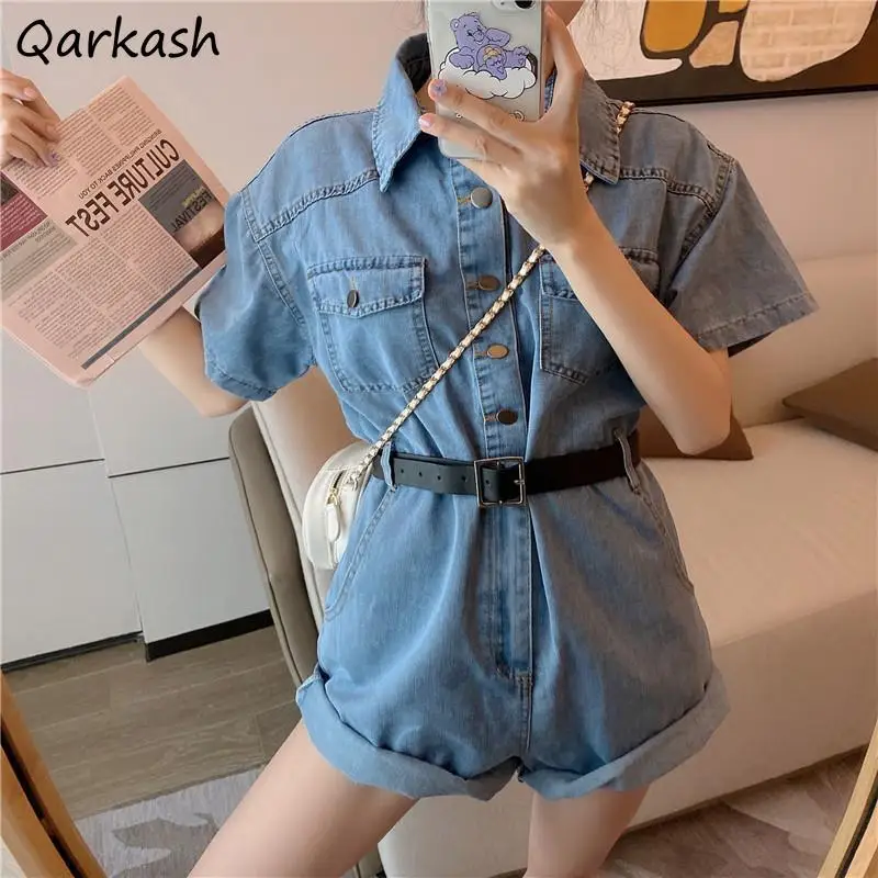 Women Short Sleeve Rompers Solid Comfortable Denim Sweet Korean Style Trendy All-match BF Cool Girls Simple Cargo Trousers Chic