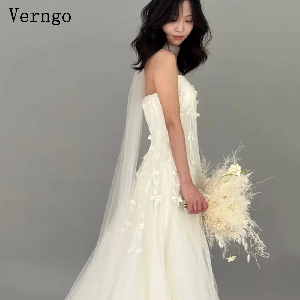 Verngo lvory Tulle Appliques Wedding Dress Strapless Maxi Lace Bridal Gowns Women Korea Bride Dresses Customized