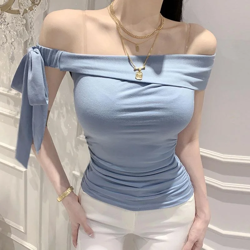 Tie-Detail  Knot Sleeveless Slim Fit Women's T-Shirt Korean Style Commute Fashion Summer Casual Pure Color Top