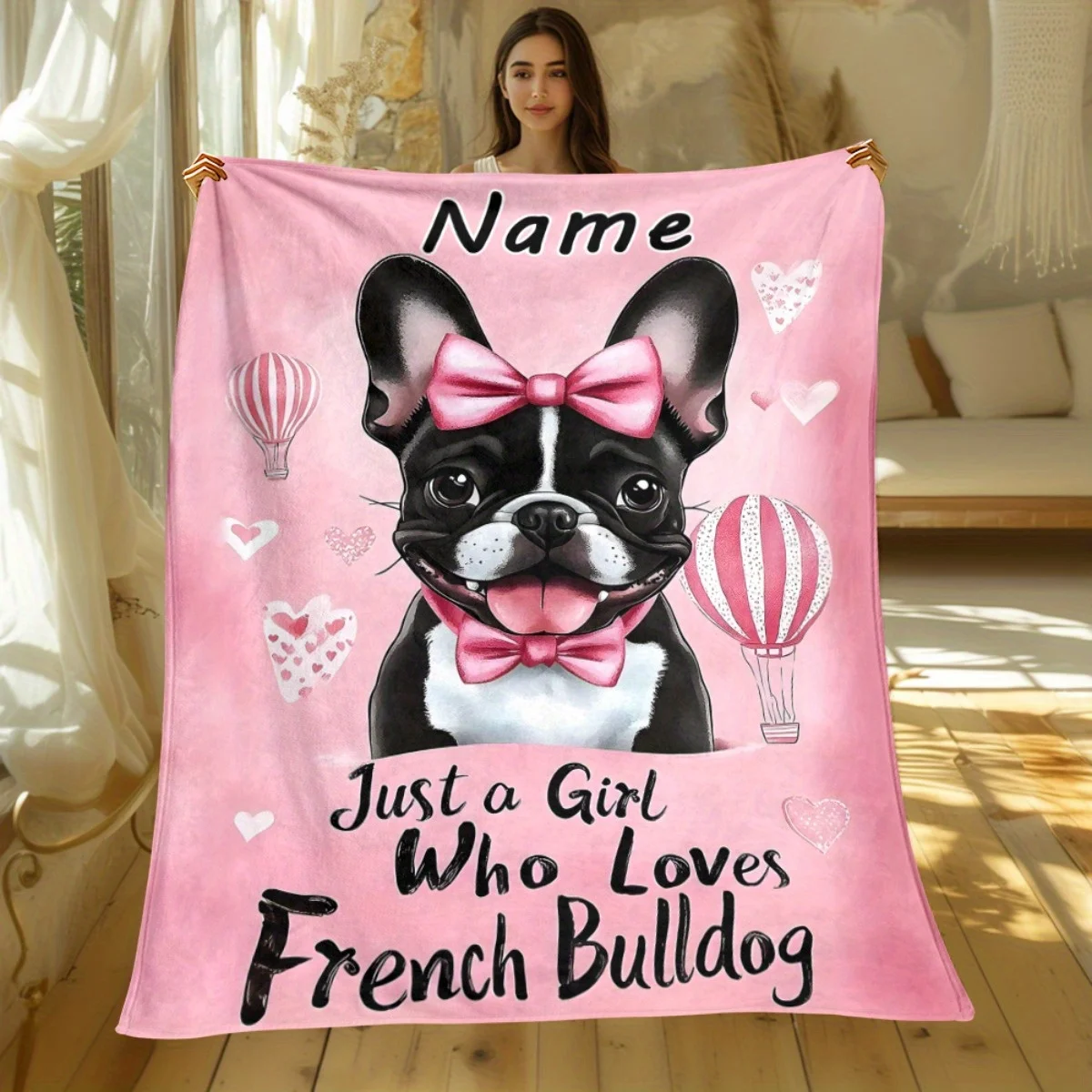 1 personalized French Bulldog Blanket with custom name and text, soft pink flannel shawl with cute French Bulldog hot air