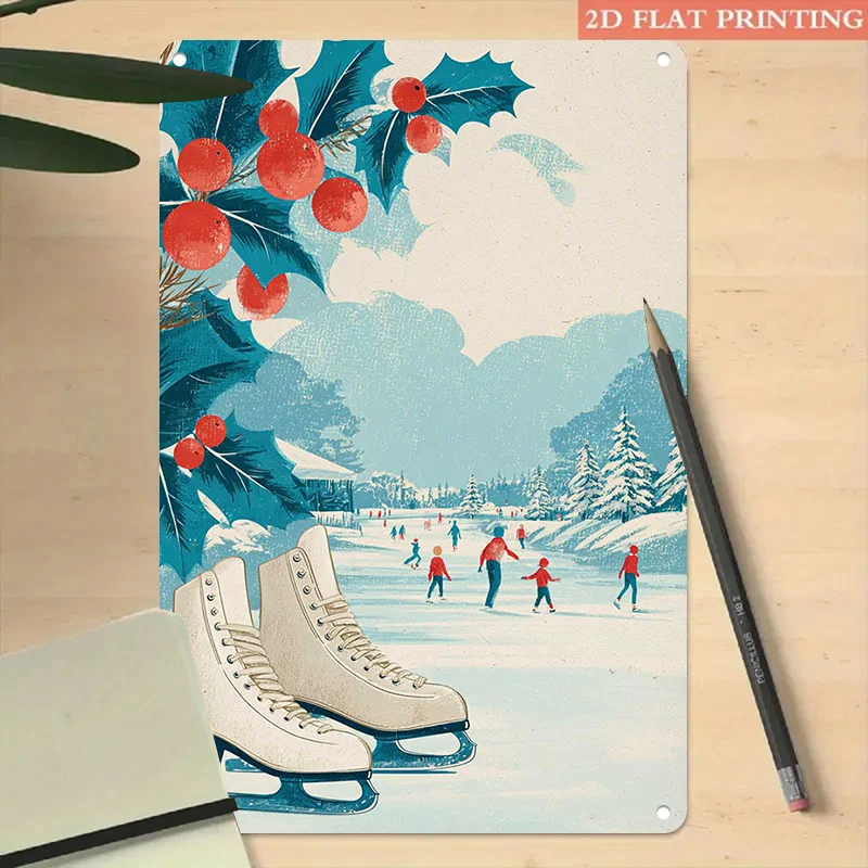 Vintage Metal Tin Sign Winter Ice Skating Wall Decor 8x12 Inch Retro Christmas Holiday Decor Easy Hang Turquoise