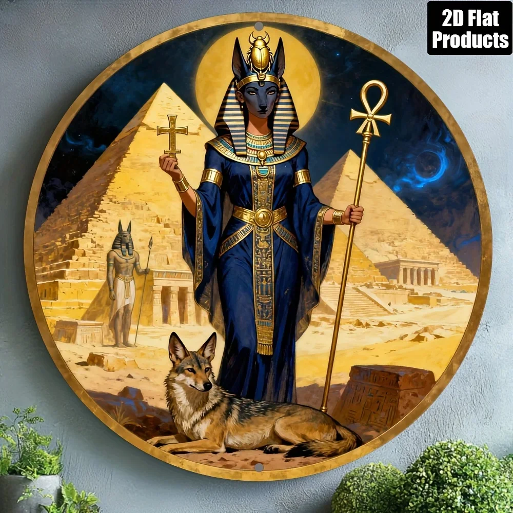 Ancient Egyptian Bastet Goddess Pyramid Round Metal Sign, 2D Flat Print Vintage Ankh Wall Art, Mystical Egyptian Mythology Decor