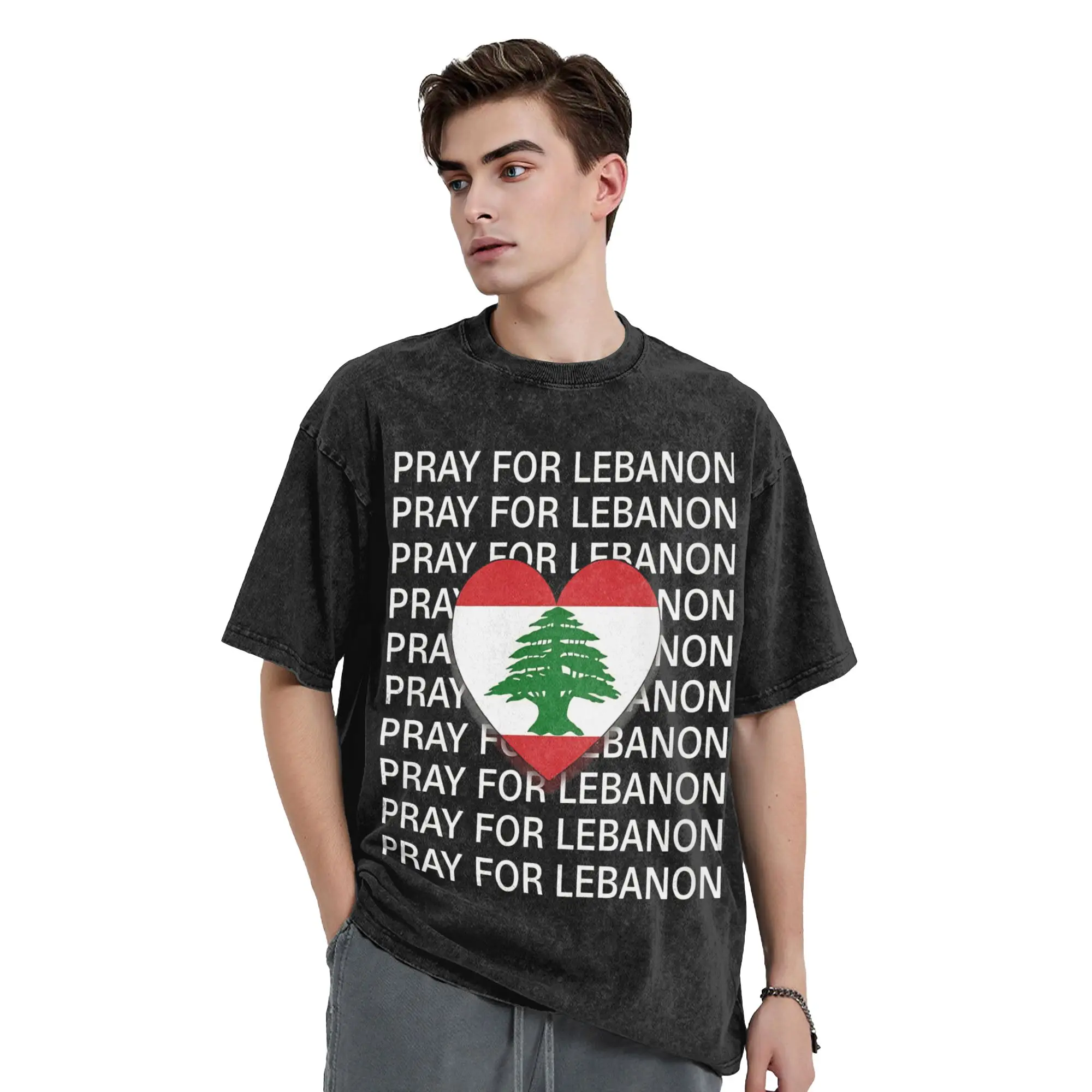Pray for lebanon Men T Shirt Washed  Funny Tees Short Sleeve Crewneck T-Shirts Cotton Big Size Clothing