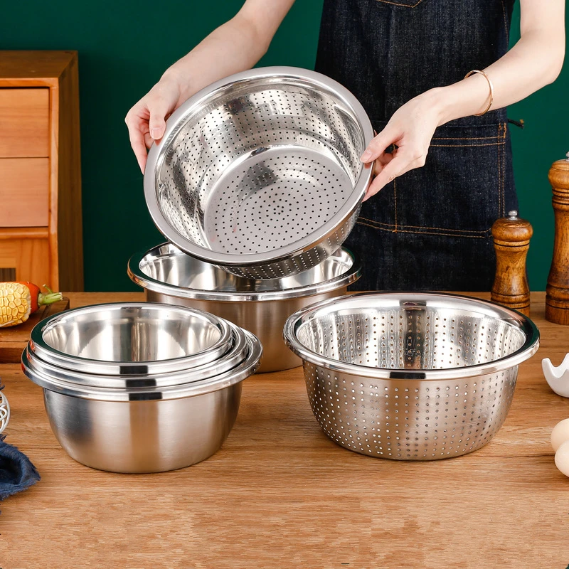 

304 Stainless Steel Vegetables Basin Egg Mixing Bowls Rice Sieve Drain Basket Soup Basin Strainer Kitchen Cooking Storage Tools