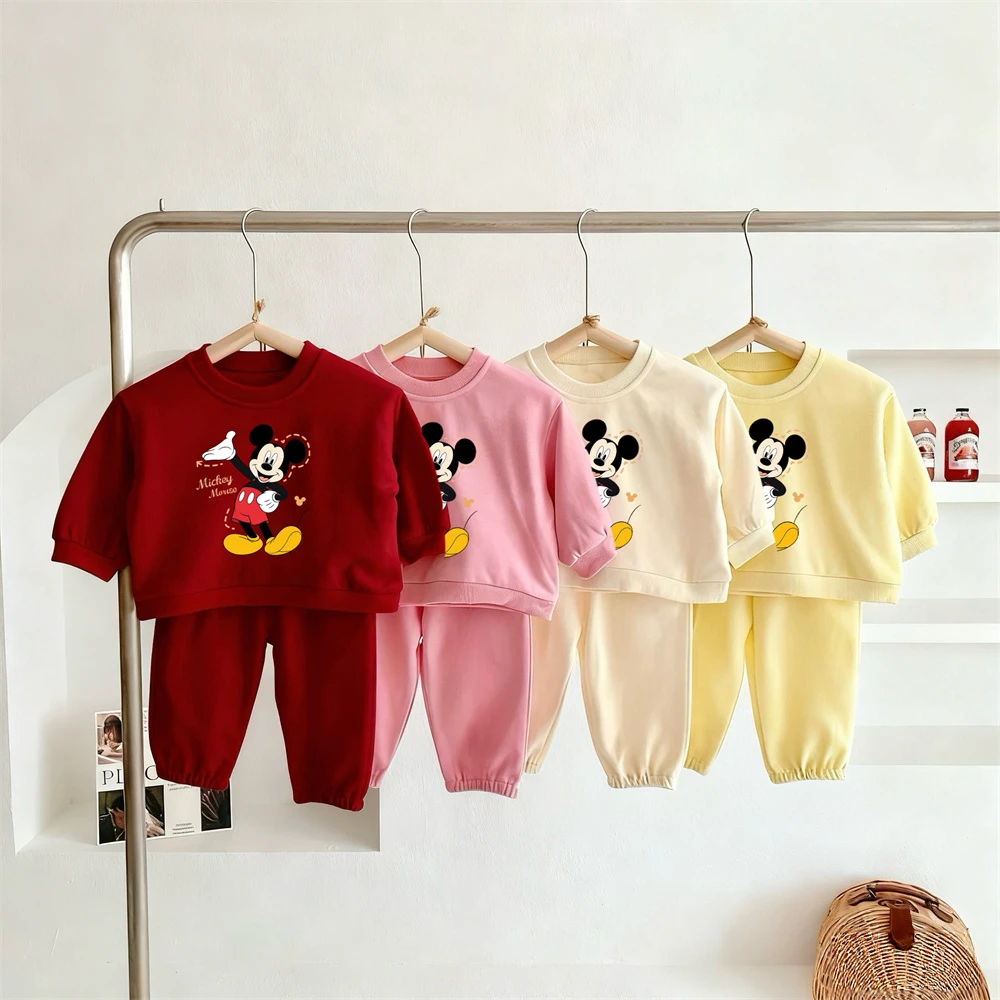 

Four Colors Suits Mickey Mouse Sweatshirts Solid Color Pants Two Piece Set New Disney Long Sleeve Outfits Infant Autumn Wear