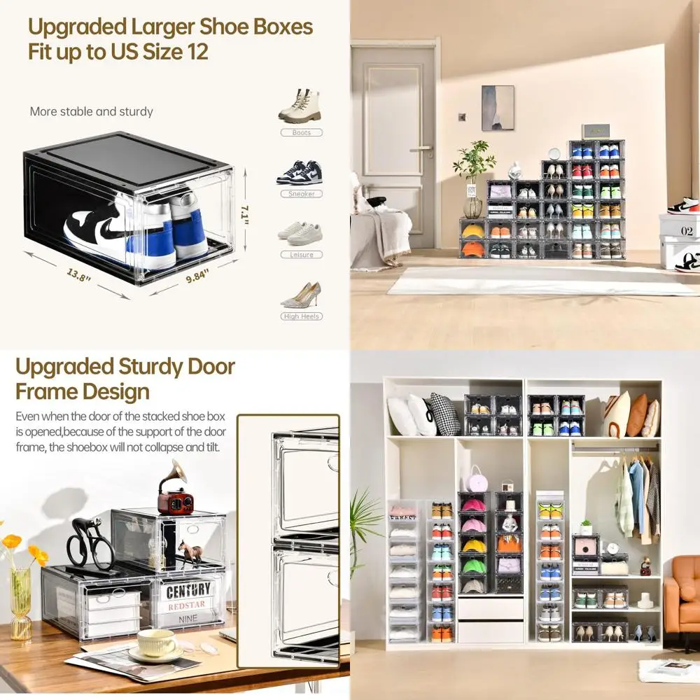 

Штабелируемые коробки для хранения обуви с прозрачными магнитными дверцами, прочный и многофункциональный органайзер для обуви, размеры до США 12,8x