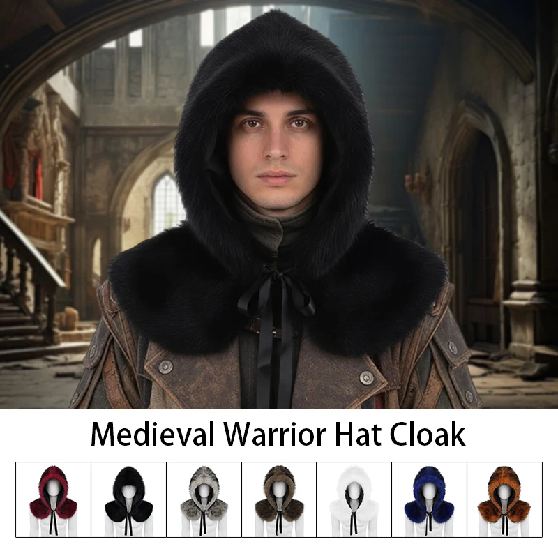 

Gothic King Warrior Hat Cloak Medieval Viking Winter Faux Fur Shawl Hooded Cloak Knight Pirate Halloween Cosplay Costume Cap