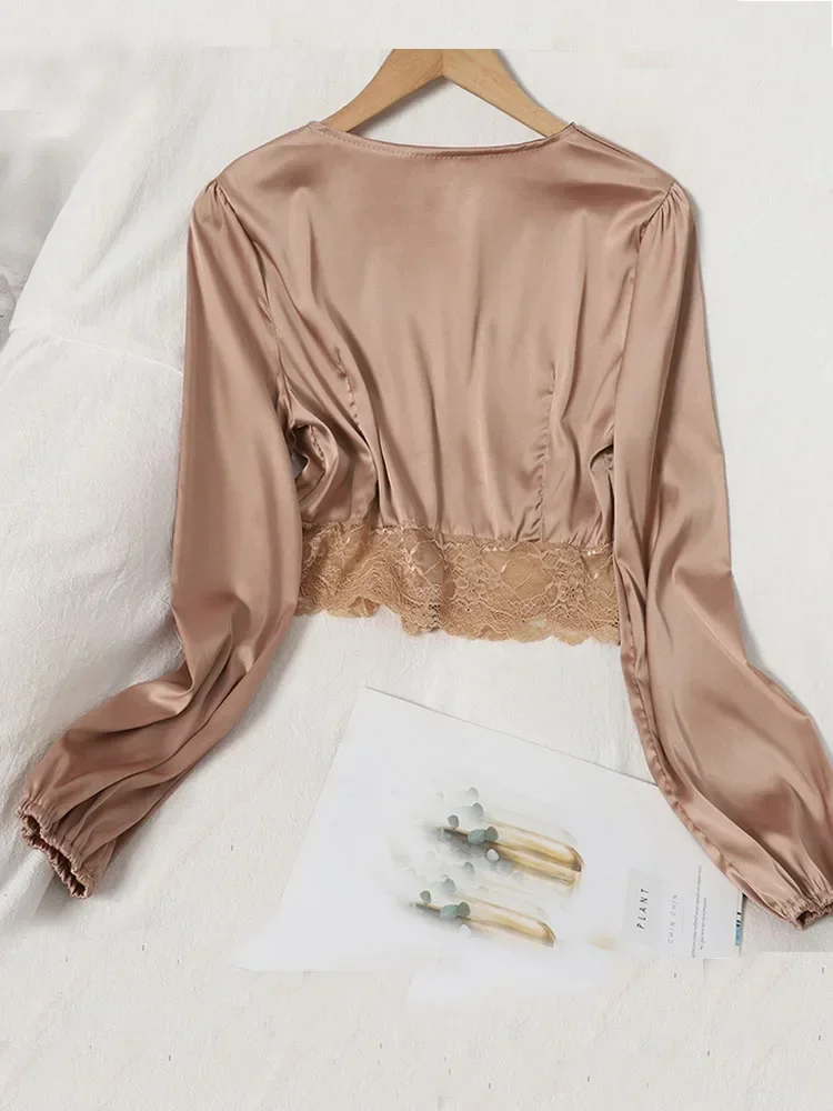 Autumn Spring Blouse V-neck Button-breasted Lantern Sleeve Satin Short Shirt Female  Splicing Lace Solid Color Tops GX1157