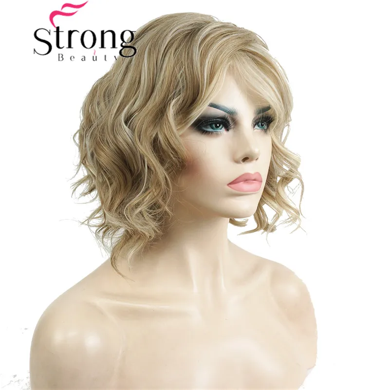 StrongBeauty Women Synthetic Wig Medium Length Curly Light golden Highlighted/Balayage Hair Natural Wigs