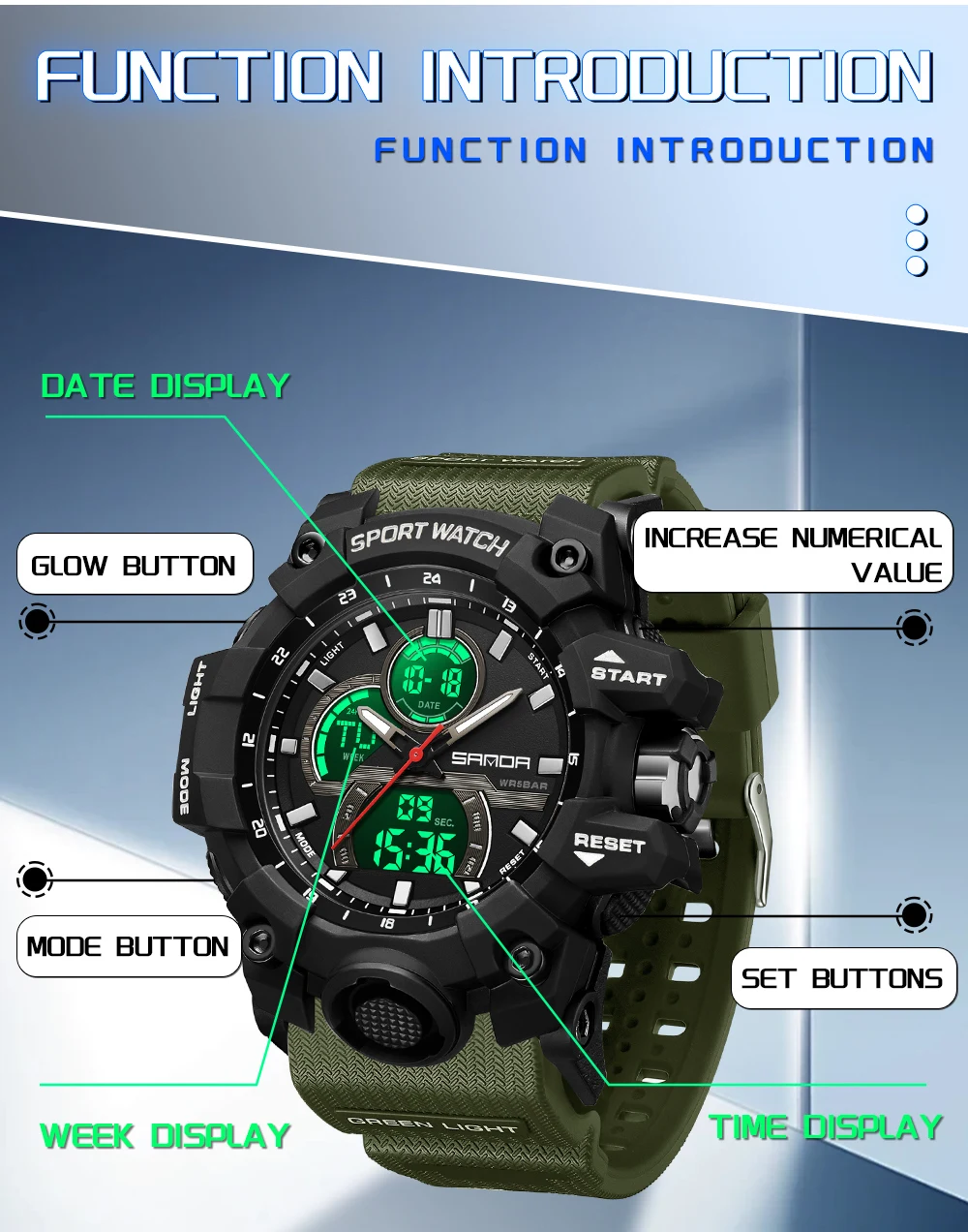 SANDA 6198 Watch Fashion Trend Dual Screen Multi functional Outdoor Sports Multi functional Waterproof Electronic Men\'s Watch