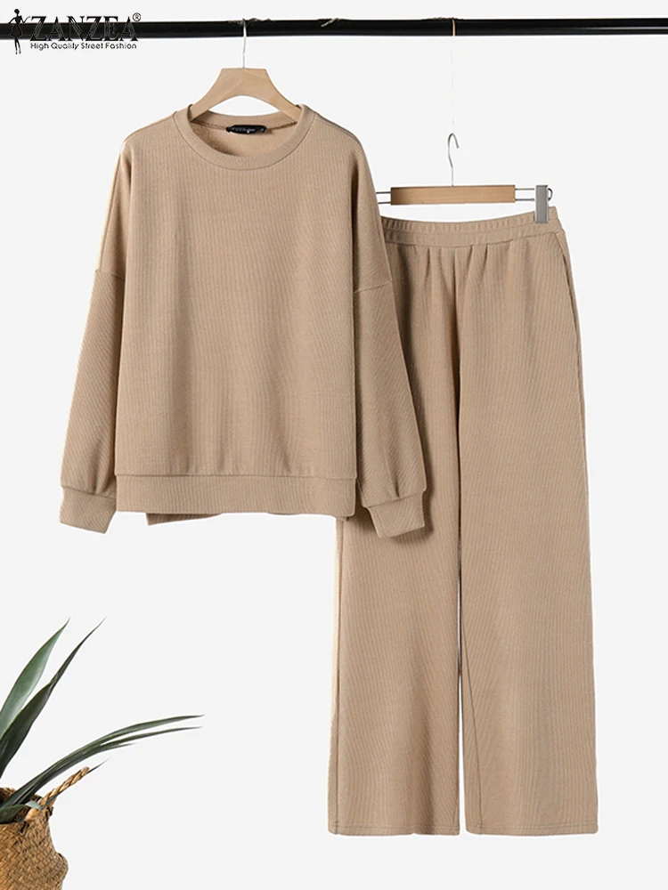 ZANZEA 2pcs Women Fashion Ribbed Knitted Pant Sets Suits Casual Long Sleeve Tops Wide Leg Trouser 2024 Fall Winter Solid Sets