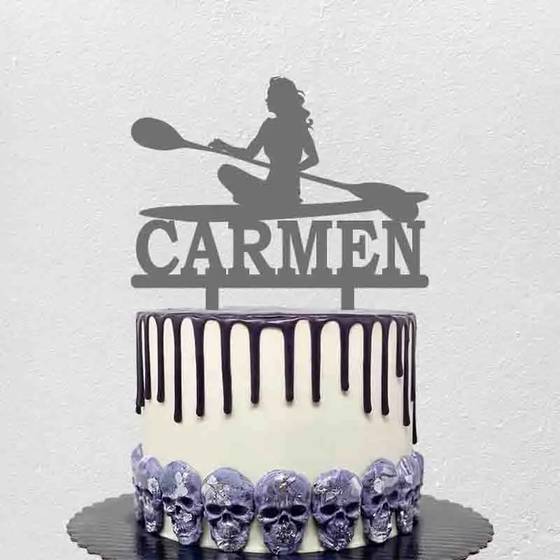 Personalized Rowing Cake Topper Custom Name Woman Rowing Boat Silhouette For Kayaker Birthday Party Cake Decoration Topper