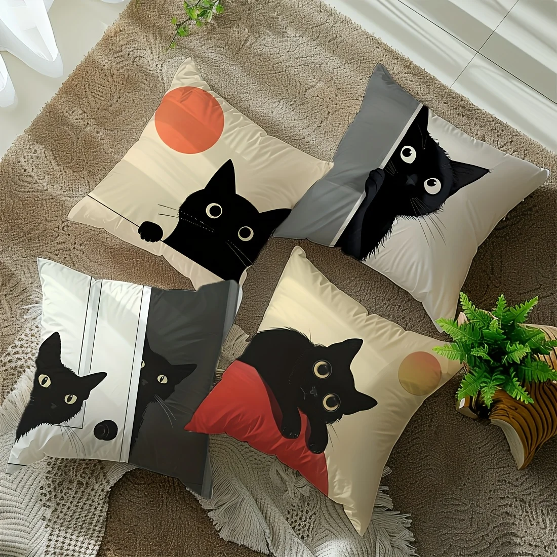 

4 шт. Современные минималистичные коврики с изображением черной кошки, односторонняя печать, короткий ворс, подходят для гостиных, спален, диванов (без наполнителя для подушек)