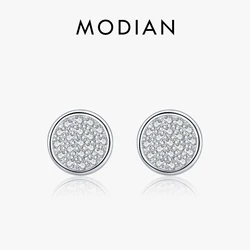 MODIAN Solid 925 Sterling Silver Round Simple Exquisite Clear CZ Buttons Stud Earrings For Women Girls Anti-allergy Fine Jewelry