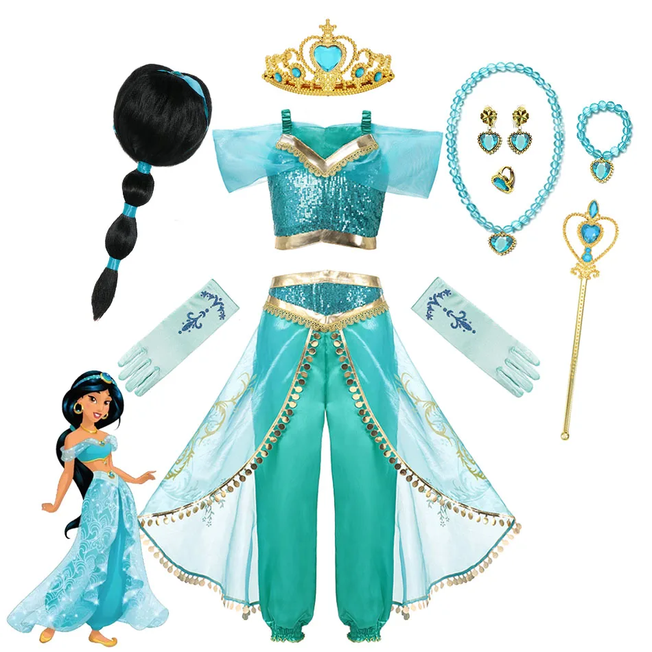 

Disney Children Aladdin Lamp Dress Kids Jasmine Costume Girls Birthday Princess Cosplay Shoulderless Outfit Carnival Clothes