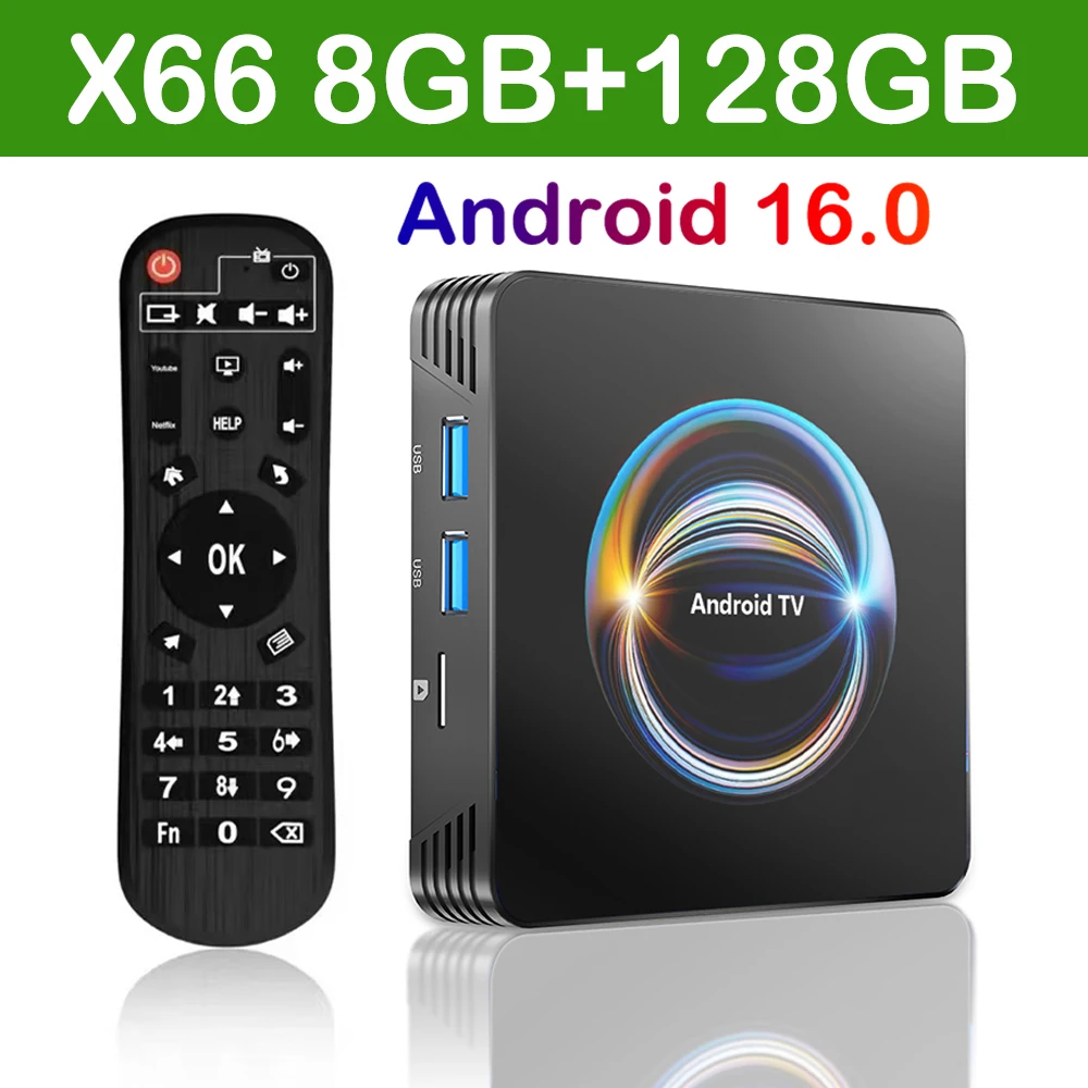 

2026 X66 Smart TV Box Android 16 8G 32 ГБ 64 ГБ 128 ГБ ПЗУ телеприставка Wi-Fi6 AV1 RK3528 четырехъядерный процессор 5G Wi-Fi Google Voice Медиаплеер
