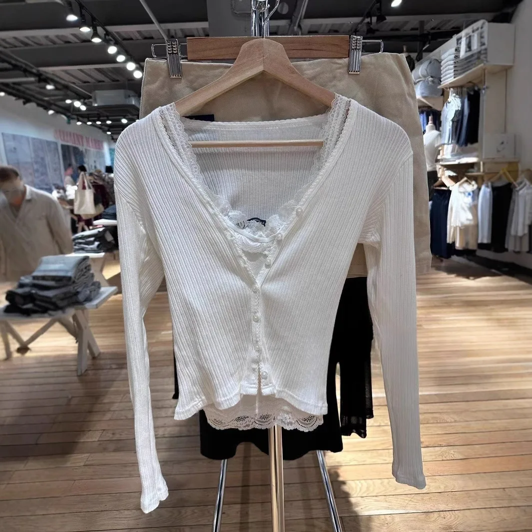 الجوف خارج الخامس الرقبة تي شيرت أبيض المرأة الجديدة بسيطة الأساسية واحدة الصدر القطن سليم كم طويل تيز شيك الحلو التي شيرت Y2K القمم