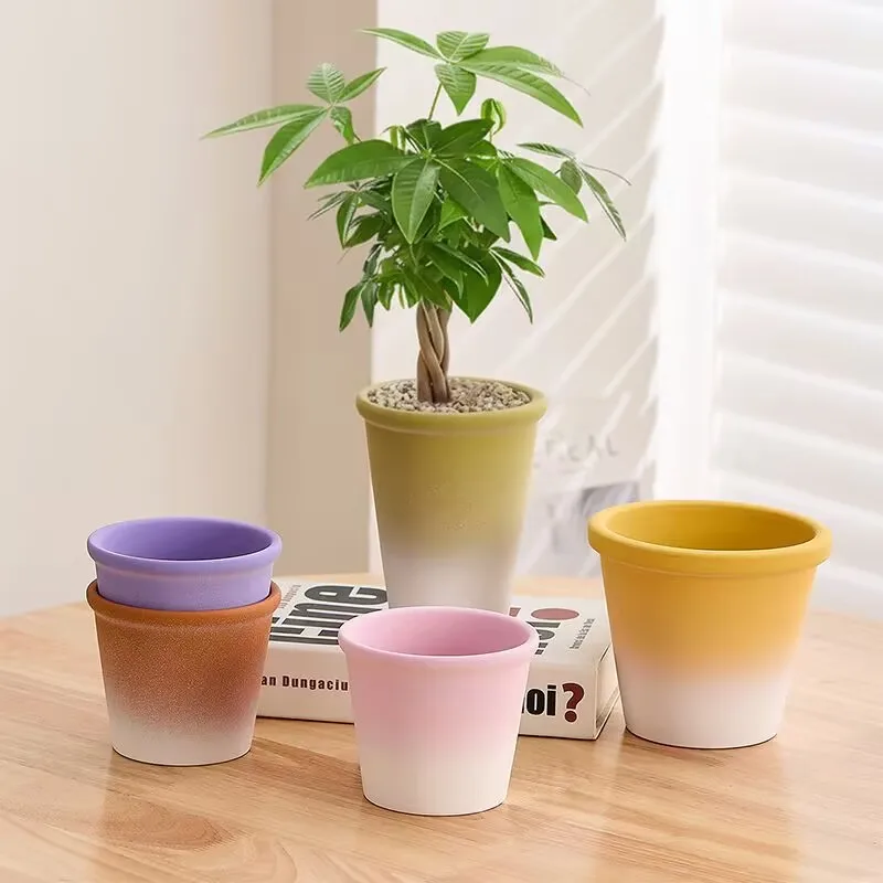 1pc Colored Clay Slanted Round Mouth Nordic Ins Small Flower Pot Ceramic Indoor Tabletop Fresh Succulent Green Plant Simple Cera