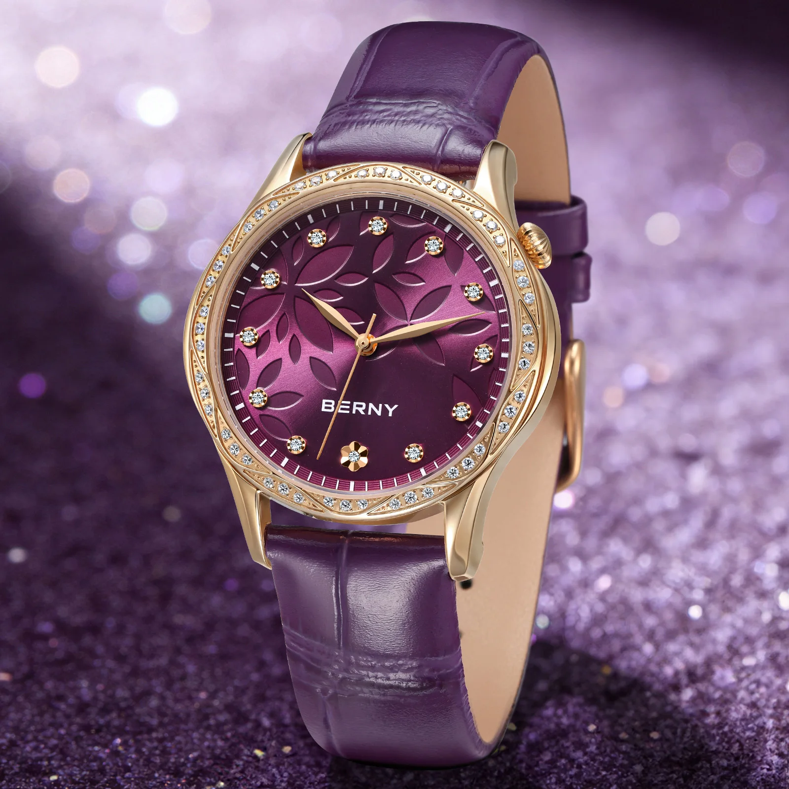 BERNY Women‘s Quartz Watch Purple Petal Diamond Rose Gold Case Leather Strap Waterproof Luxury Watch Elegant Ladies Wristwatch