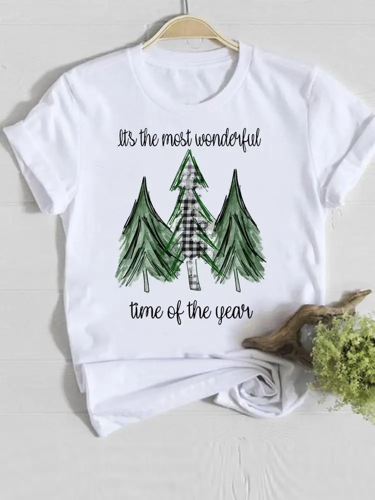 

Tree Letter Trend 90s Christmas Happy New Year Female Women Clothes Print O-neck Lady Casual Fashion Shirt Tee Graphic T-shirt