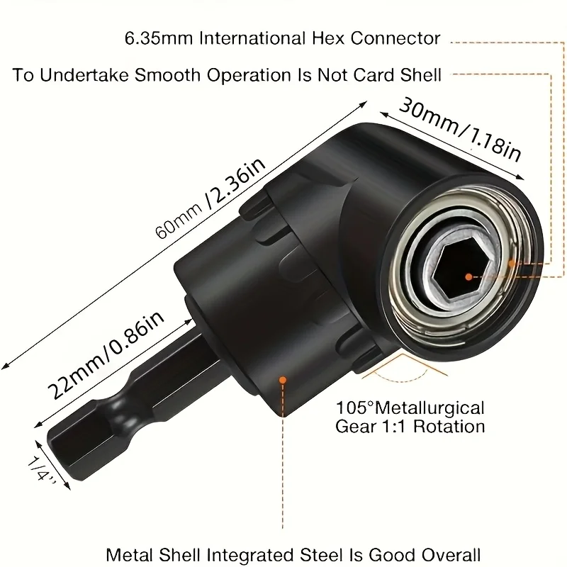 1pc 105 Degree Drill Adapter Attachment, Impact Driver Extension Hex Bit Socket 1/4