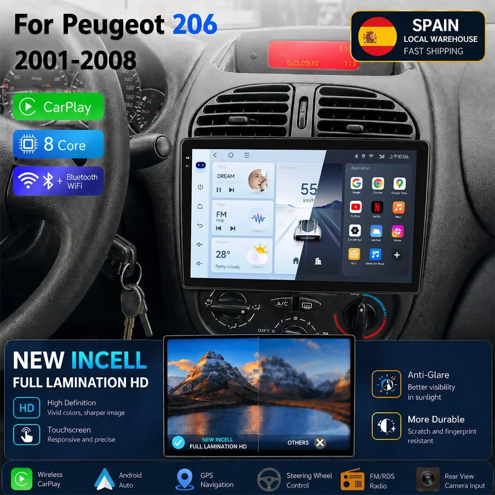 Per Peugeot 206 206CC 206SW 2001-2008 Autoradio Wireless CarPlay con Touchscreen Intelligente HD a Laminazione Completa Incell
