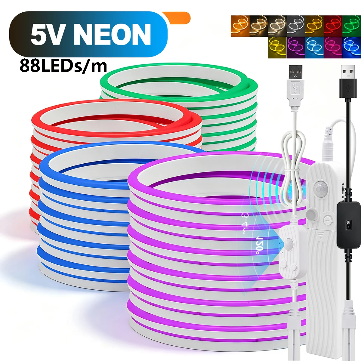 DC 5V PIR Smart Sensor 2835 Neon Led Light Strip USB Hand Scan 88 LEDs/m IP65 Waterproof Flexible Ribbon TV Backlight Room Decor