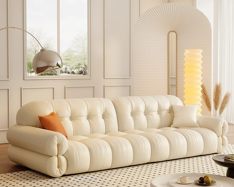 Marshmallow cloud sofa French cream style living room small apartment light luxury white piano key leather sofa