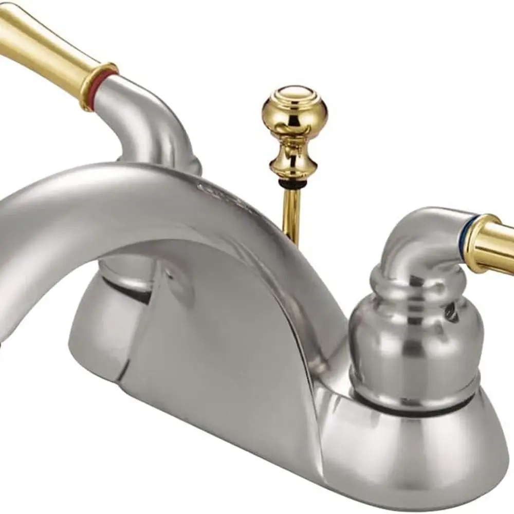 

4-Inch Centerset Lavatory Faucet with Brass Pop-Up, Brushed Nickel and Polished Brass Finishes