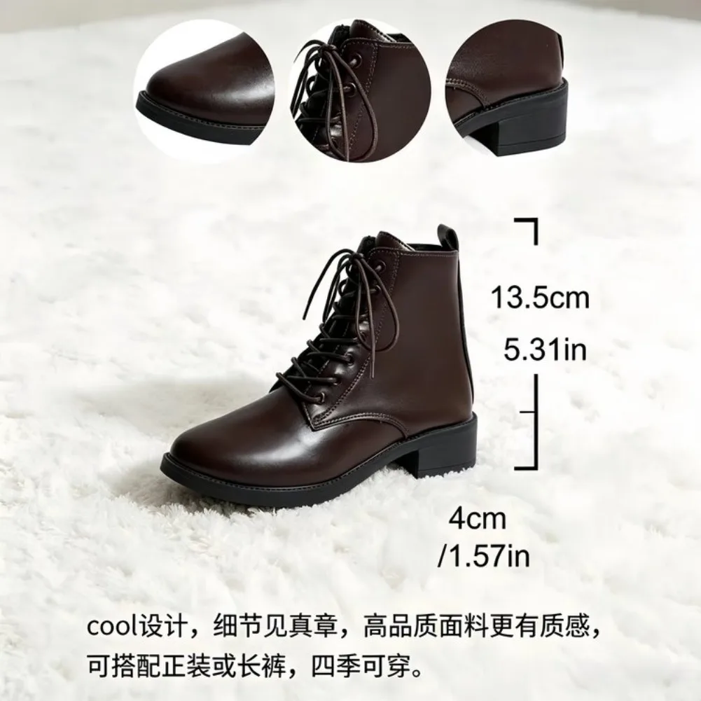 Damen Mode-Stiefeletten mit Rundem Zeh, Niedrigem Absatz, Rutschfest, Bequem, Ganzjährig Tragbare Damenschuhe, Glatte PU-Kampfstiefel – Detail 3