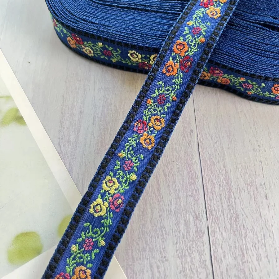 10 yards/lot 2.5cm Woven Jacquard Ribbon Blue Small Flower in blue Cotton For Clothing Accessories ls-9543