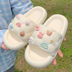 Cute Animals Decor Thick Sole Single Band Women Slippers Slides Bathroom Outdoor Beach Indoor Sandals Summer Couple Shoes