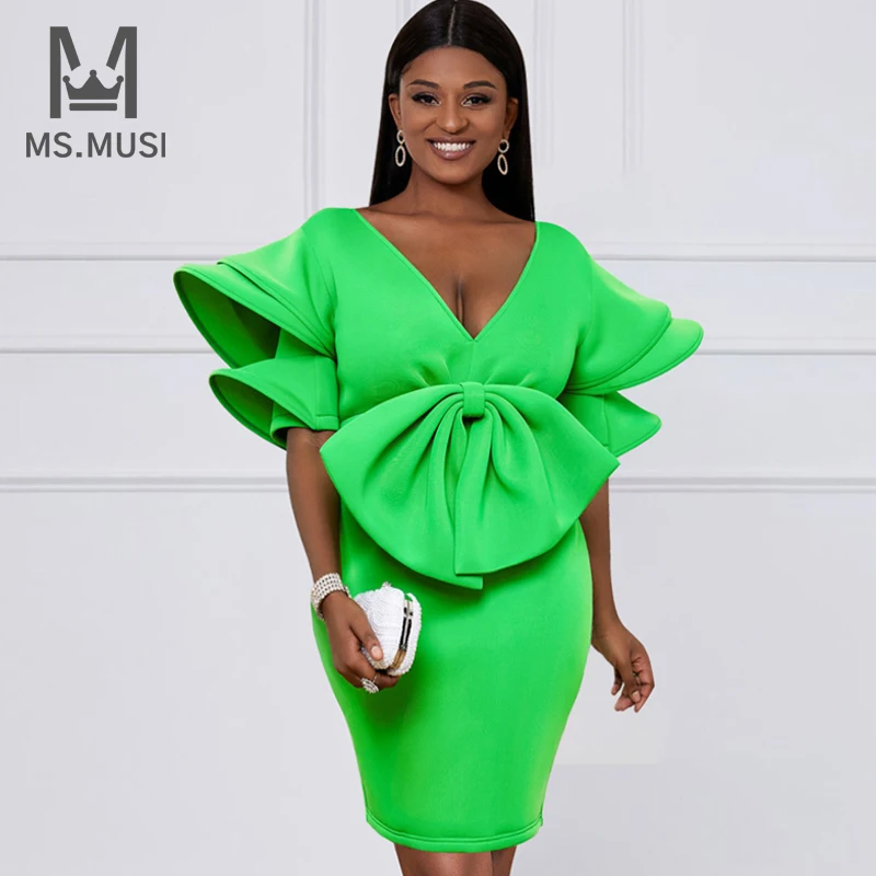 

MSMUSI 2023 New Fashion Designer Women Sexy Falbala Ruffles Bow Draped Fold Short Sleeve Bodycon Party Club Event Mini Dress