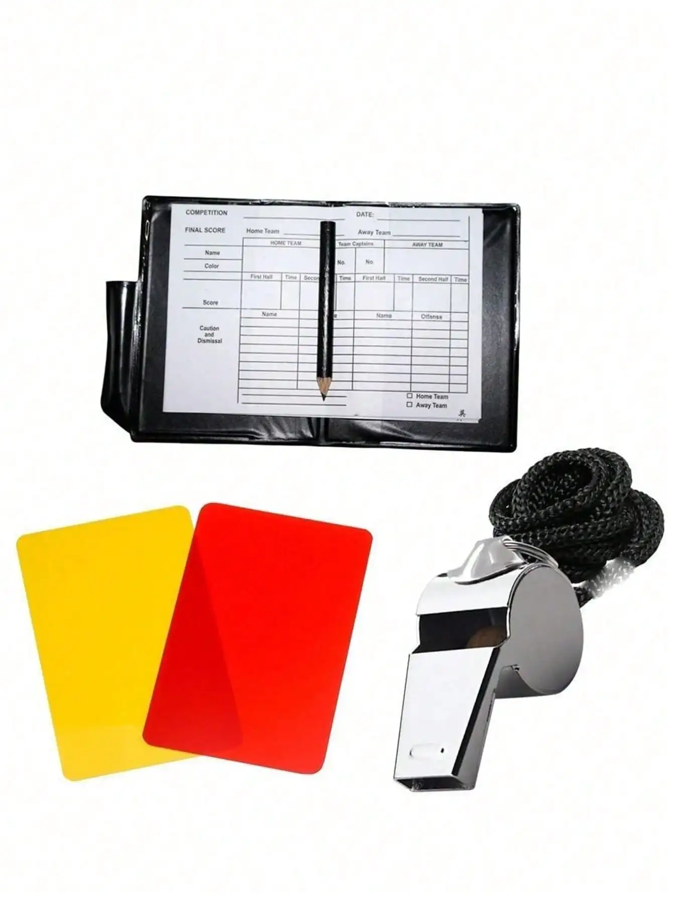 

Practical soccer referee kit includes metal whistle and referee cards, sturdy and easy to carry. Classic practical design fits various sports matches perfectly, essential professional accessories for football games and sports event refereeing use