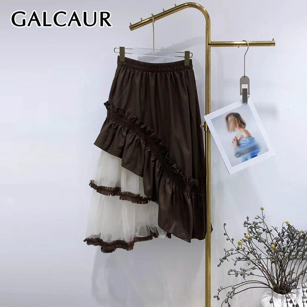 

GALCAUR Solid Spliced Mesh Basics Casual Skirt Female High Waist Loose Streetwear Women's Puff Skirts Autumn Fashion New Style