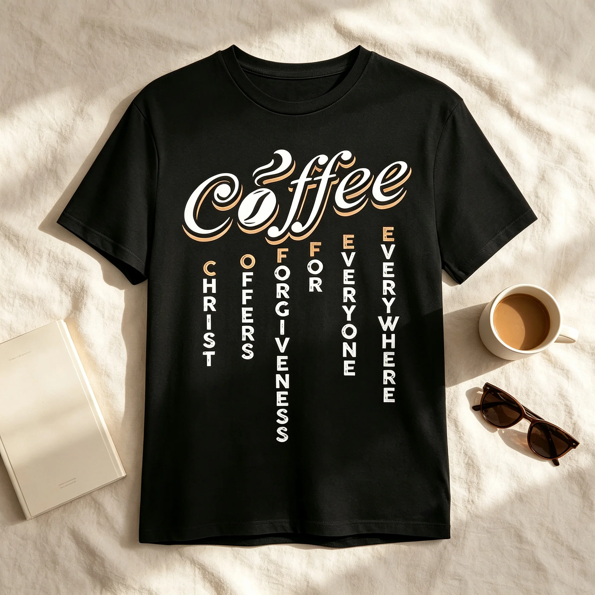 Christ Offers Forgiveness for Everyone Everywhere Coffee Acronym T‑Shirt, Faith Coffee Lover Christian Men Graphic Tee