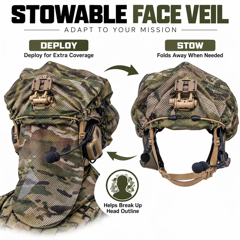 Tactical Helmet Cover Anti-IR Low Visibility Camouflage Shell with Stowable Face Veil for FAST MICH Helmets Airsoft Shooting