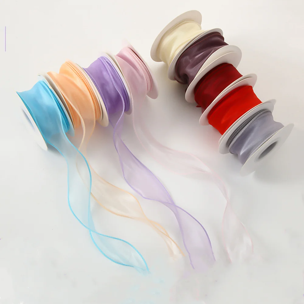 10Yards Sheer Wired Organza Ribbon With Golden Edge Chiffon Ribbon for Wedding Birthday Gift Bouquet Wrapping DIY Decorations