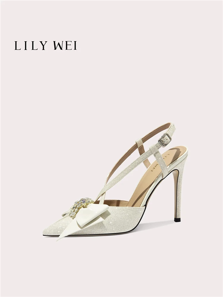 

Весенне-летние новые женские босоножки на тонком высоком каблуке с острым носком, стразами, бантом и пайетками, для свадьбы и банкета, большие и маленькие размеры