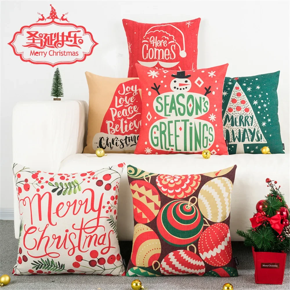 Cute Cartoon Merry Christmas Happy Holidays Christmas Trees Snowman Decorative Pillows Cushion Cover Polyester Pillow Cover