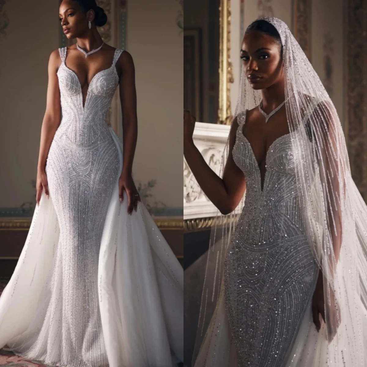 

Vintage Mermaid Wedding Dress Sweetheart Neck Sleeveless Bridal Gowns Sequins Lace Detachable Train Dresses Custom Made vestidos